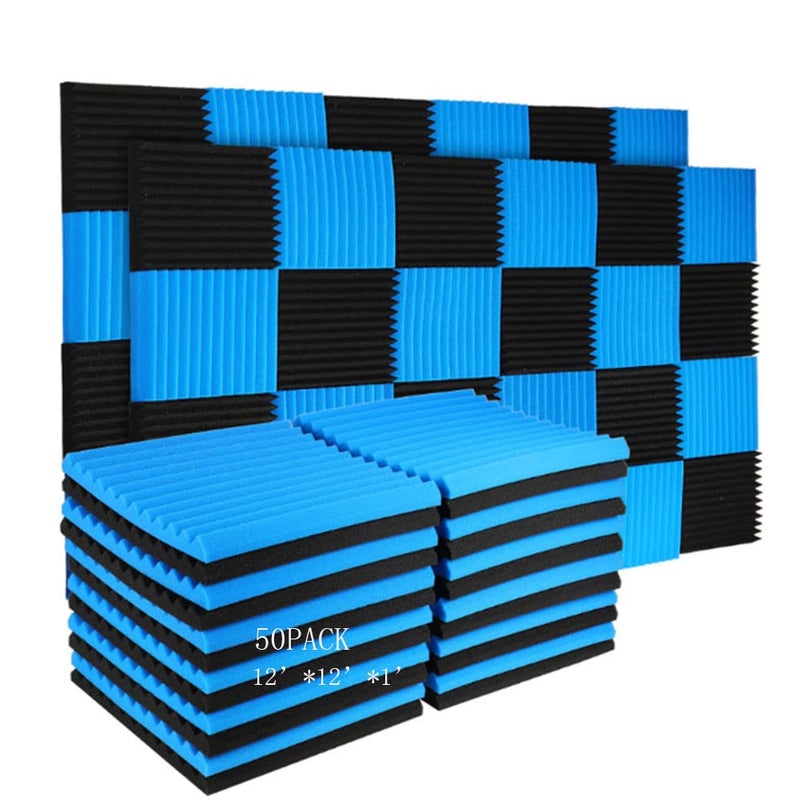 Burdurry 50 Pack Acoustic Panels Soundproof Studio Foam for Walls Sound Absorbing Panels Sound Insulation Panels Wedge for Home Studio Ceiling, 1" X 12" X 12" (Black&Blue) - Image 1